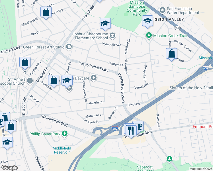 map of restaurants, bars, coffee shops, grocery stores, and more near 1993 Waycross Road in Fremont