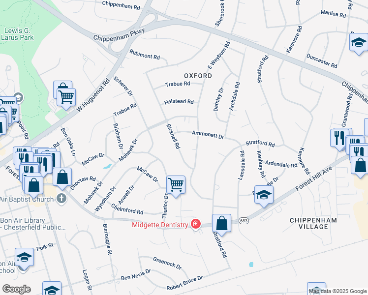 map of restaurants, bars, coffee shops, grocery stores, and more near 2835 Bicknell Road in Richmond