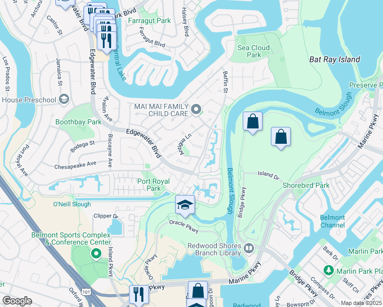 map of restaurants, bars, coffee shops, grocery stores, and more near 1406 Antigua Lane in Foster City