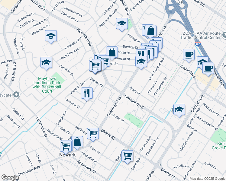 map of restaurants, bars, coffee shops, grocery stores, and more near 36913 Newark Boulevard in Newark