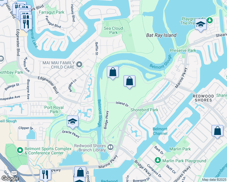 map of restaurants, bars, coffee shops, grocery stores, and more near 1800 Bridge Parkway in Redwood City