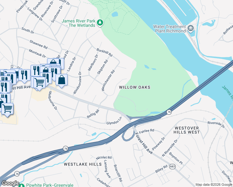 map of restaurants, bars, coffee shops, grocery stores, and more near 2841 Braidwood Road in Richmond