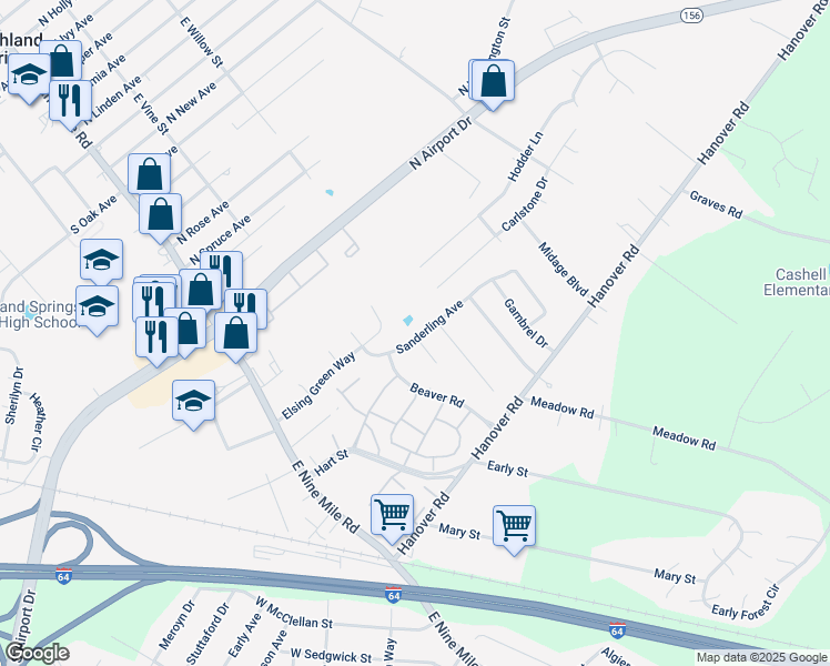 map of restaurants, bars, coffee shops, grocery stores, and more near 124 Sanderling Avenue in Sandston