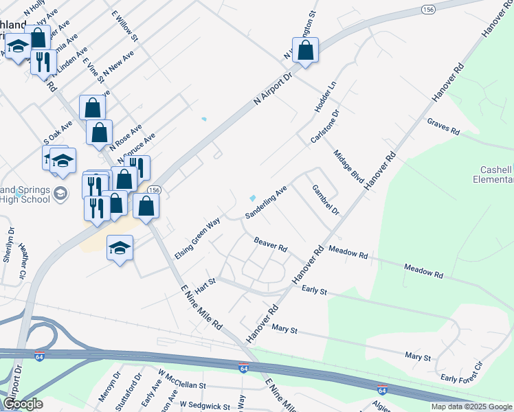 map of restaurants, bars, coffee shops, grocery stores, and more near 124 Sanderling Avenue in Sandston