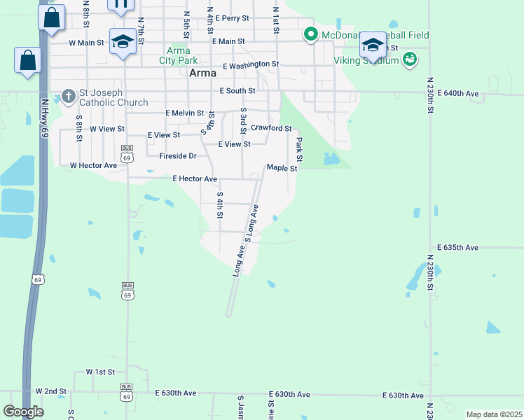 map of restaurants, bars, coffee shops, grocery stores, and more near 605 East Road in Arma