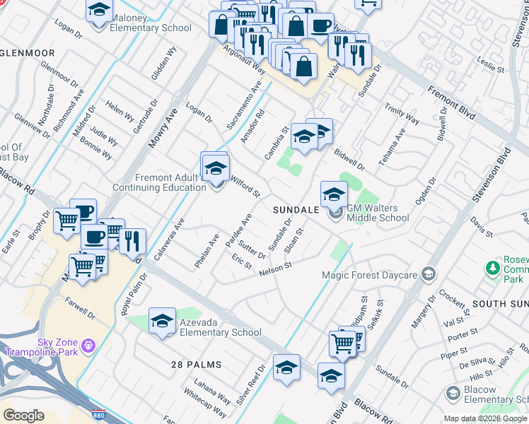 map of restaurants, bars, coffee shops, grocery stores, and more near 39548 Wilford Court in Fremont