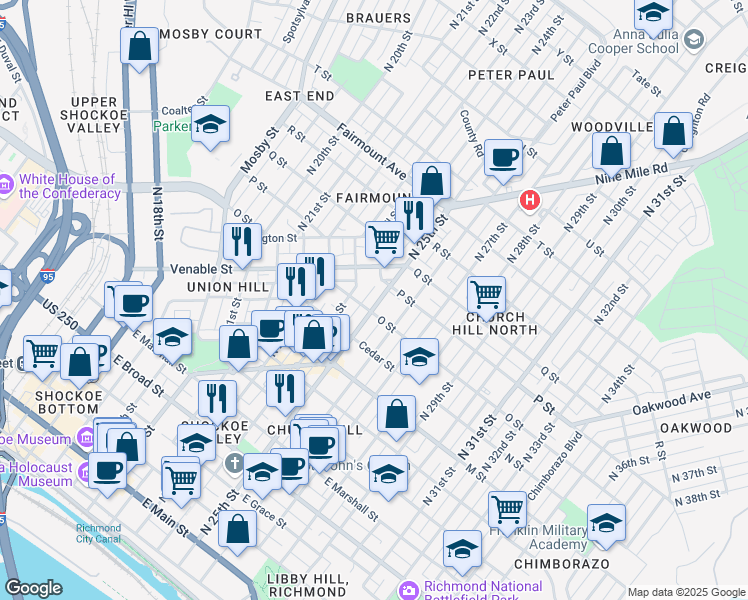 map of restaurants, bars, coffee shops, grocery stores, and more near 906 North 25th Street in Richmond