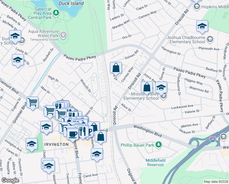 map of restaurants, bars, coffee shops, grocery stores, and more near 2863 Finca Terrace in Fremont