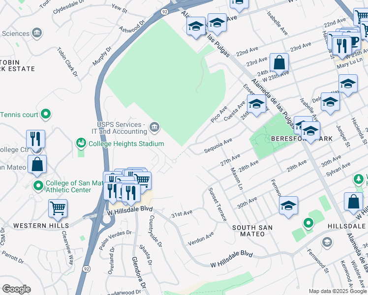 map of restaurants, bars, coffee shops, grocery stores, and more near 800 26th Avenue in San Mateo