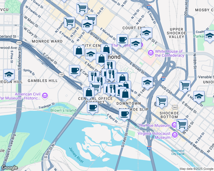 map of restaurants, bars, coffee shops, grocery stores, and more near 919 East Main Street in Richmond