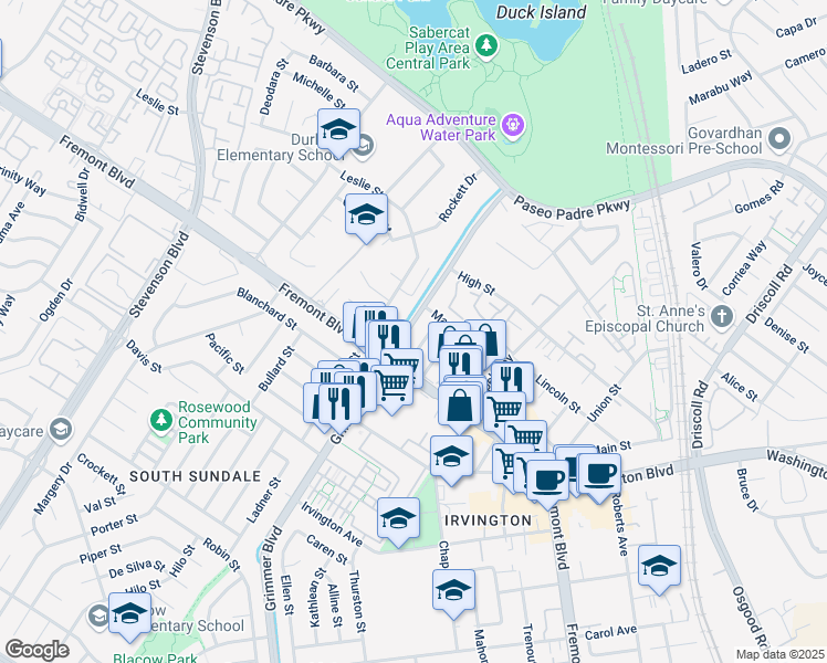 map of restaurants, bars, coffee shops, grocery stores, and more near 3878 Eugene Street in Fremont
