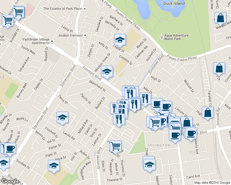 map of restaurants, bars, coffee shops, grocery stores, and more near 40429 Fremont Boulevard in Fremont