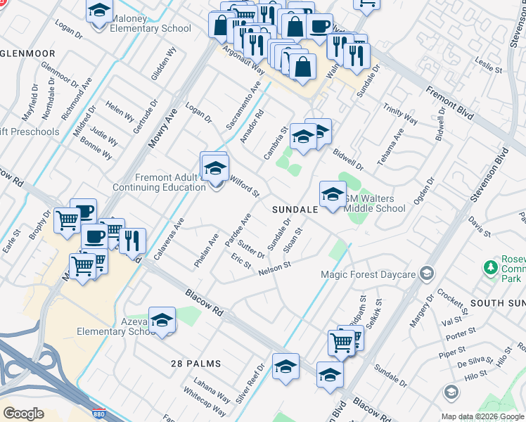 map of restaurants, bars, coffee shops, grocery stores, and more near 39548 Wilford Court in Fremont