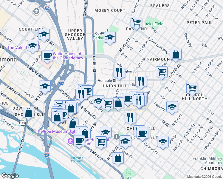 map of restaurants, bars, coffee shops, grocery stores, and more near 1904 Cedar Street in Richmond