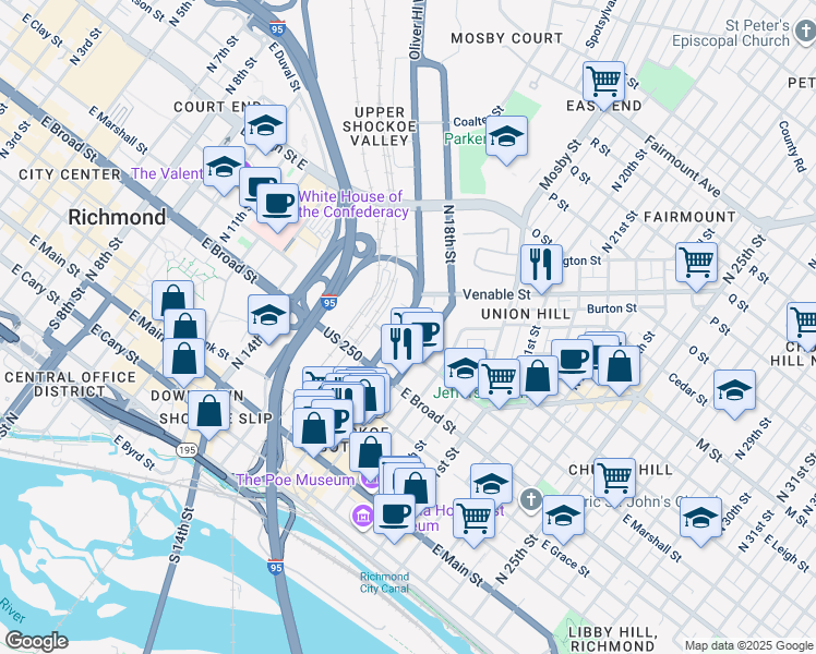 map of restaurants, bars, coffee shops, grocery stores, and more near 1709 East Clay Street in Richmond