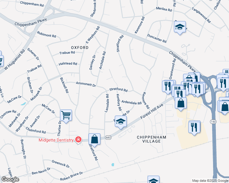 map of restaurants, bars, coffee shops, grocery stores, and more near 2749 Stratford Road in Richmond