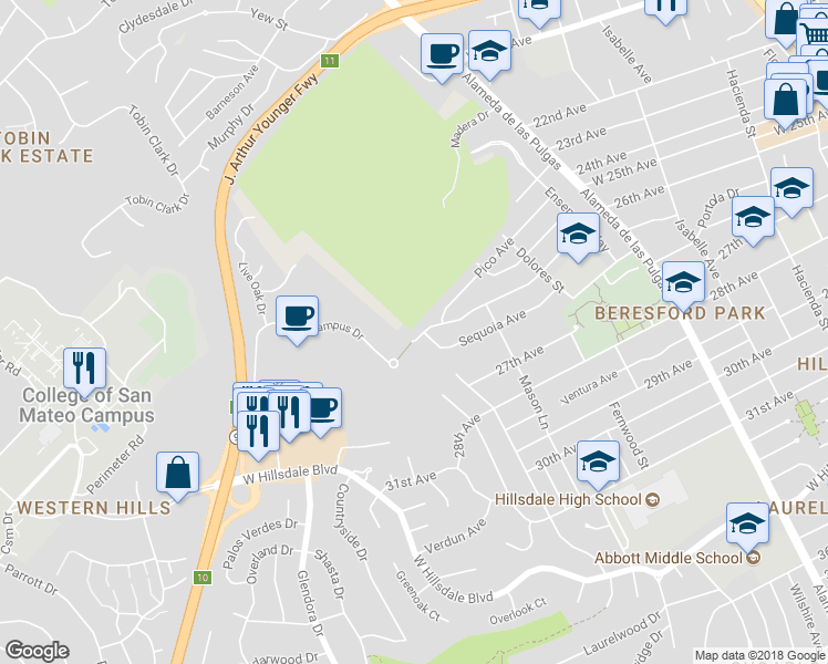 map of restaurants, bars, coffee shops, grocery stores, and more near 800 26th Avenue in San Mateo