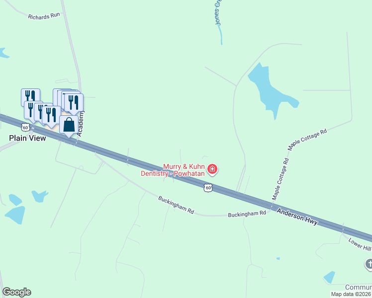 map of restaurants, bars, coffee shops, grocery stores, and more near 2118 Wood Flower Road in Powhatan