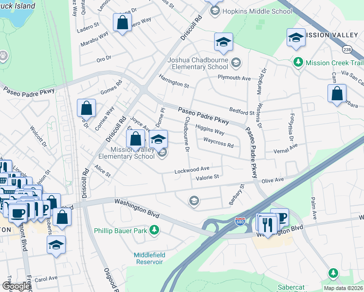 map of restaurants, bars, coffee shops, grocery stores, and more near 41695 Joyce Avenue in Fremont