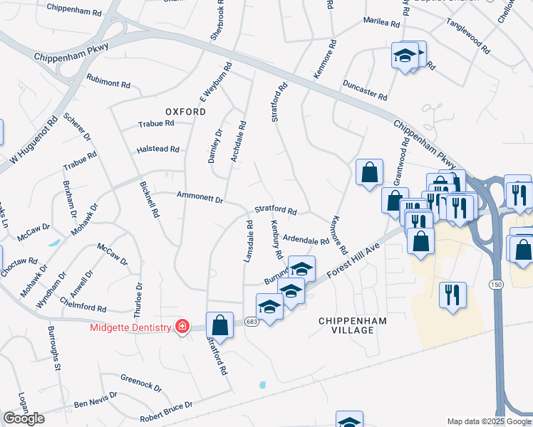 map of restaurants, bars, coffee shops, grocery stores, and more near 2749 Stratford Road in Richmond