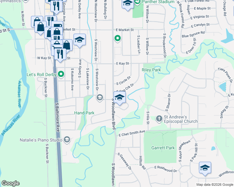 map of restaurants, bars, coffee shops, grocery stores, and more near 578 South Spring Creek Drive in Derby