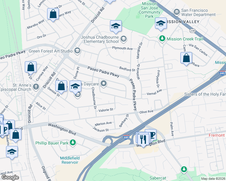 map of restaurants, bars, coffee shops, grocery stores, and more near 2014 Waycross Road in Fremont