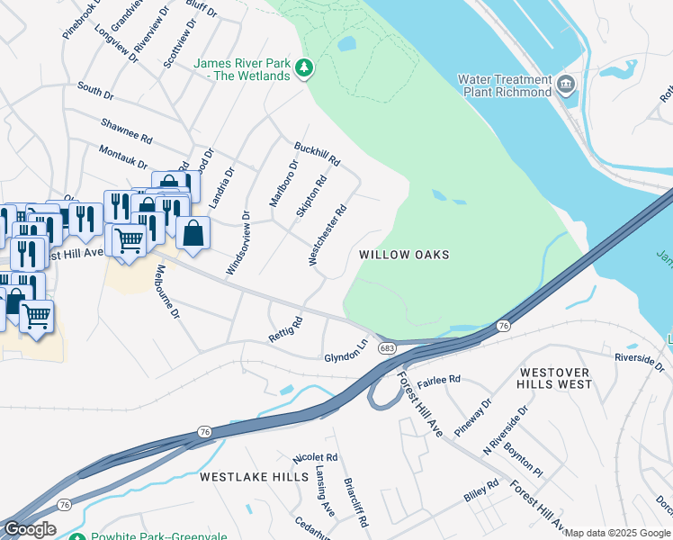 map of restaurants, bars, coffee shops, grocery stores, and more near 2820 Braidwood Road in Richmond