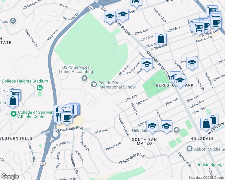 map of restaurants, bars, coffee shops, grocery stores, and more near 787 26th Avenue in San Mateo