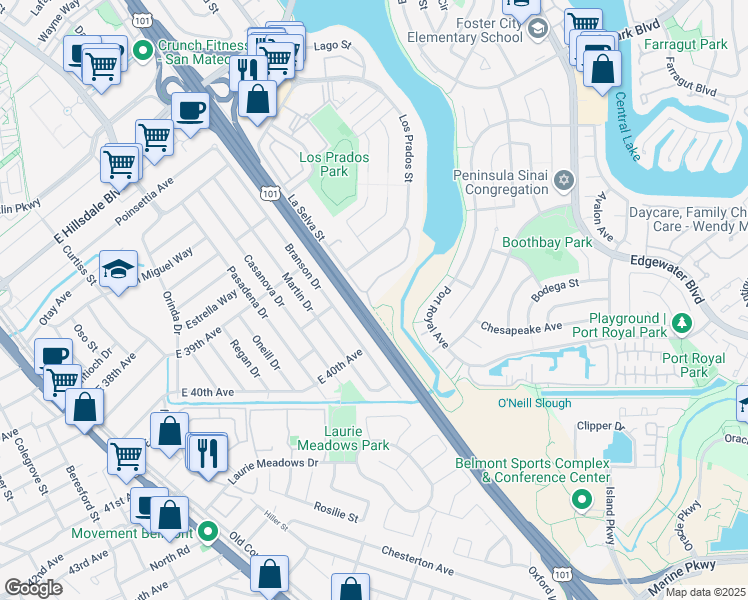 map of restaurants, bars, coffee shops, grocery stores, and more near 3377 Kimberly Way in San Mateo
