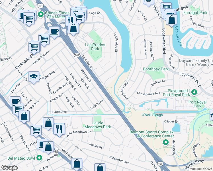map of restaurants, bars, coffee shops, grocery stores, and more near 3377 Kimberly Way in San Mateo