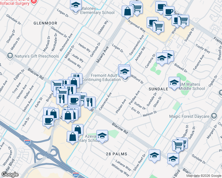 map of restaurants, bars, coffee shops, grocery stores, and more near 4765 Calaveras Avenue in Fremont