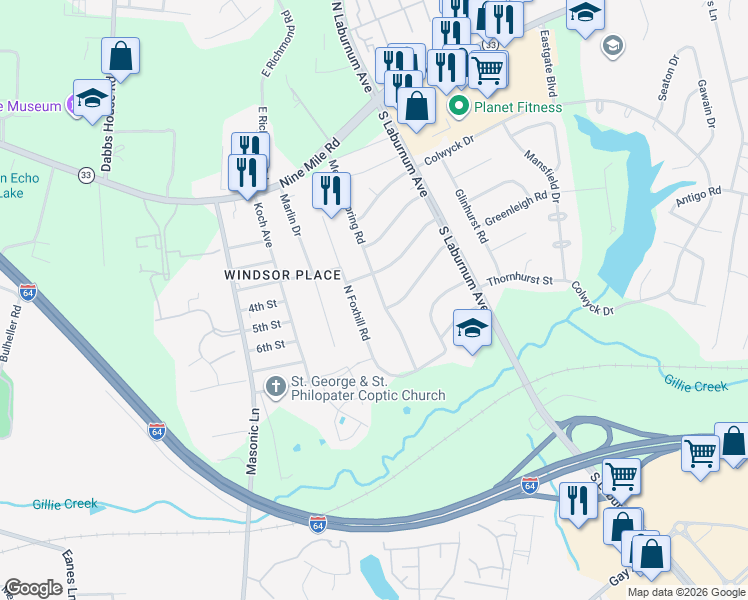 map of restaurants, bars, coffee shops, grocery stores, and more near 306 Meadowspring Road in Richmond