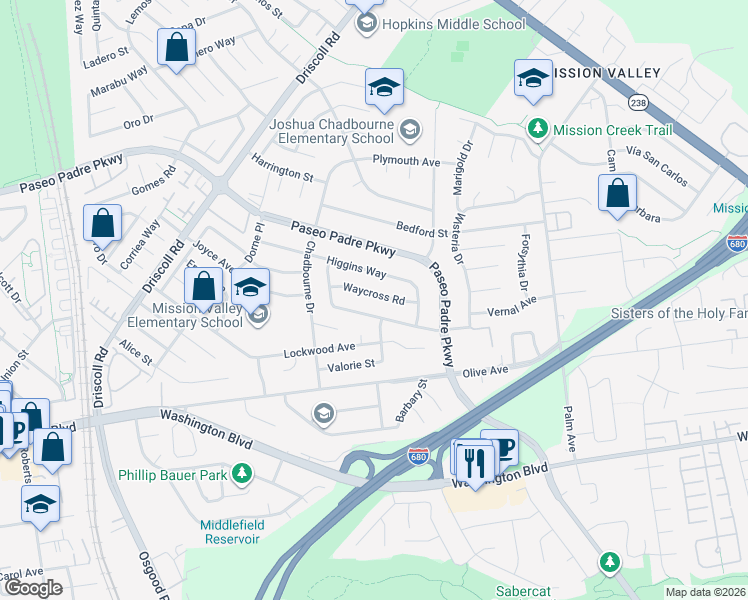 map of restaurants, bars, coffee shops, grocery stores, and more near 2014 Waycross Road in Fremont