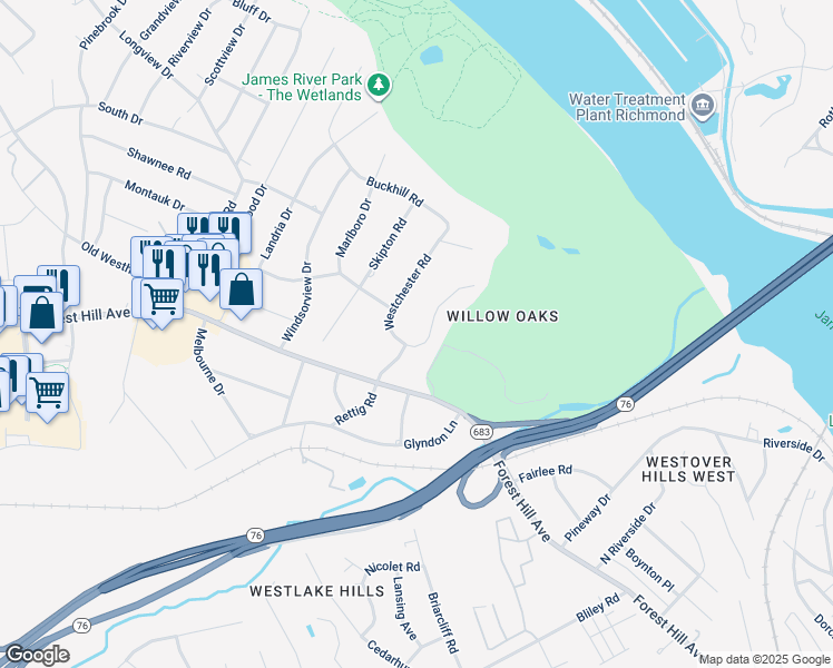 map of restaurants, bars, coffee shops, grocery stores, and more near 2820 Braidwood Road in Richmond