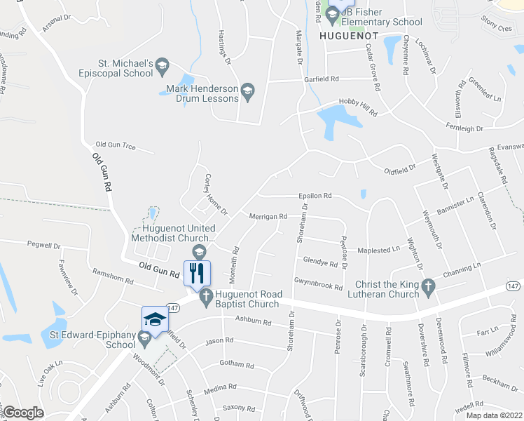 map of restaurants, bars, coffee shops, grocery stores, and more near 10422 Merrigan Road in Richmond