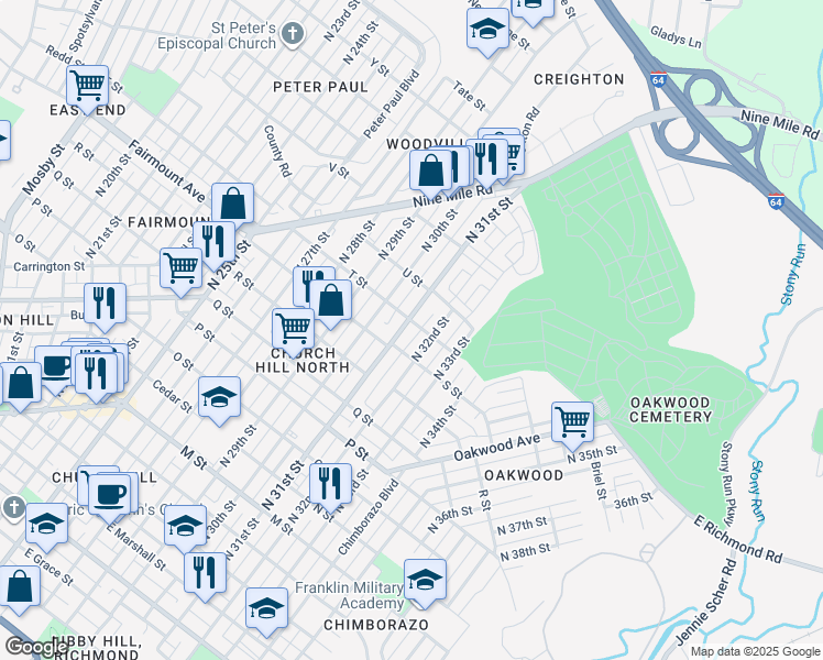 map of restaurants, bars, coffee shops, grocery stores, and more near 1315 1/2 North 31st Street in Richmond