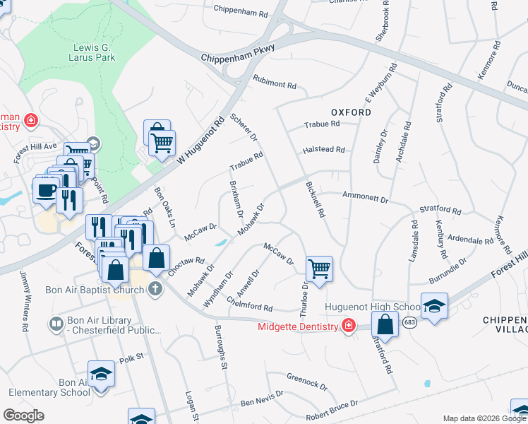 map of restaurants, bars, coffee shops, grocery stores, and more near 2909 Mohawk Drive in Richmond