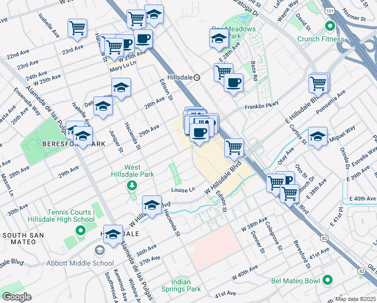 map of restaurants, bars, coffee shops, grocery stores, and more near 59 31st Avenue in San Mateo