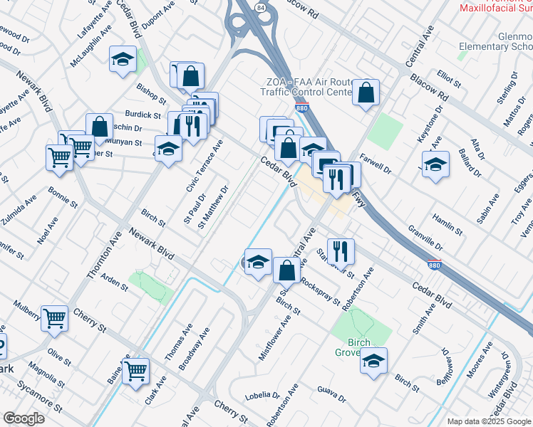 map of restaurants, bars, coffee shops, grocery stores, and more near 5680 Forbes Drive in Newark