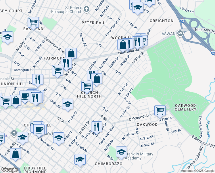 map of restaurants, bars, coffee shops, grocery stores, and more near 1301 North 30th Street in Richmond