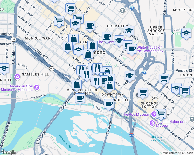 map of restaurants, bars, coffee shops, grocery stores, and more near 919 East Main Street in Richmond