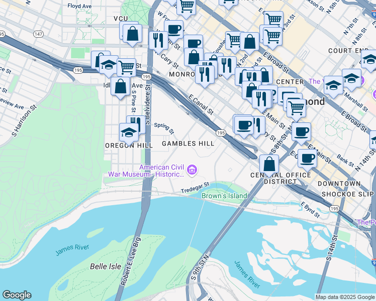 map of restaurants, bars, coffee shops, grocery stores, and more near in Richmond