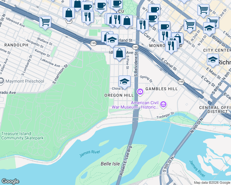 map of restaurants, bars, coffee shops, grocery stores, and more near 819 China Street in Richmond