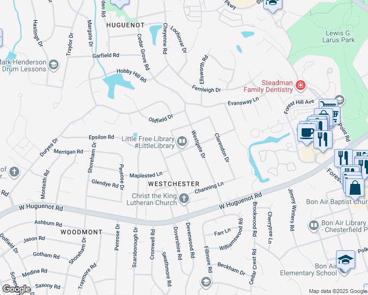 map of restaurants, bars, coffee shops, grocery stores, and more near 3013 Weymouth Drive in Richmond