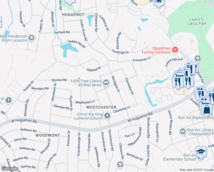 map of restaurants, bars, coffee shops, grocery stores, and more near 3013 Weymouth Drive in Richmond