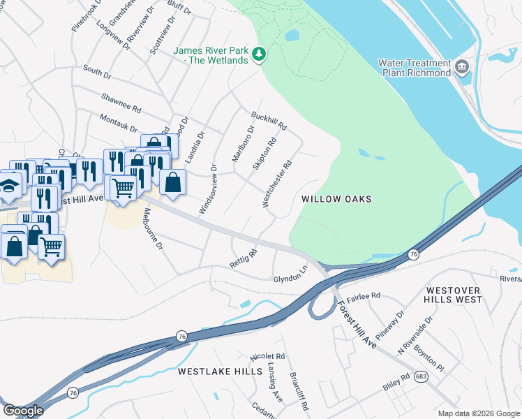 map of restaurants, bars, coffee shops, grocery stores, and more near 2820 Westchester Road in Richmond