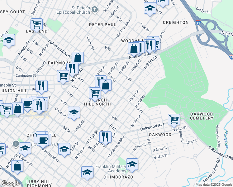 map of restaurants, bars, coffee shops, grocery stores, and more near 1301 North 30th Street in Richmond