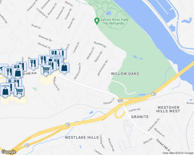 map of restaurants, bars, coffee shops, grocery stores, and more near 2820 Westchester Road in Richmond