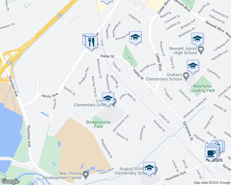 map of restaurants, bars, coffee shops, grocery stores, and more near 7550 Birkdale Drive in Newark