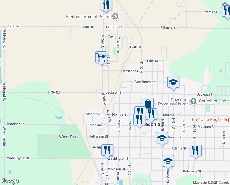 map of restaurants, bars, coffee shops, grocery stores, and more near Jackson St in Fredonia